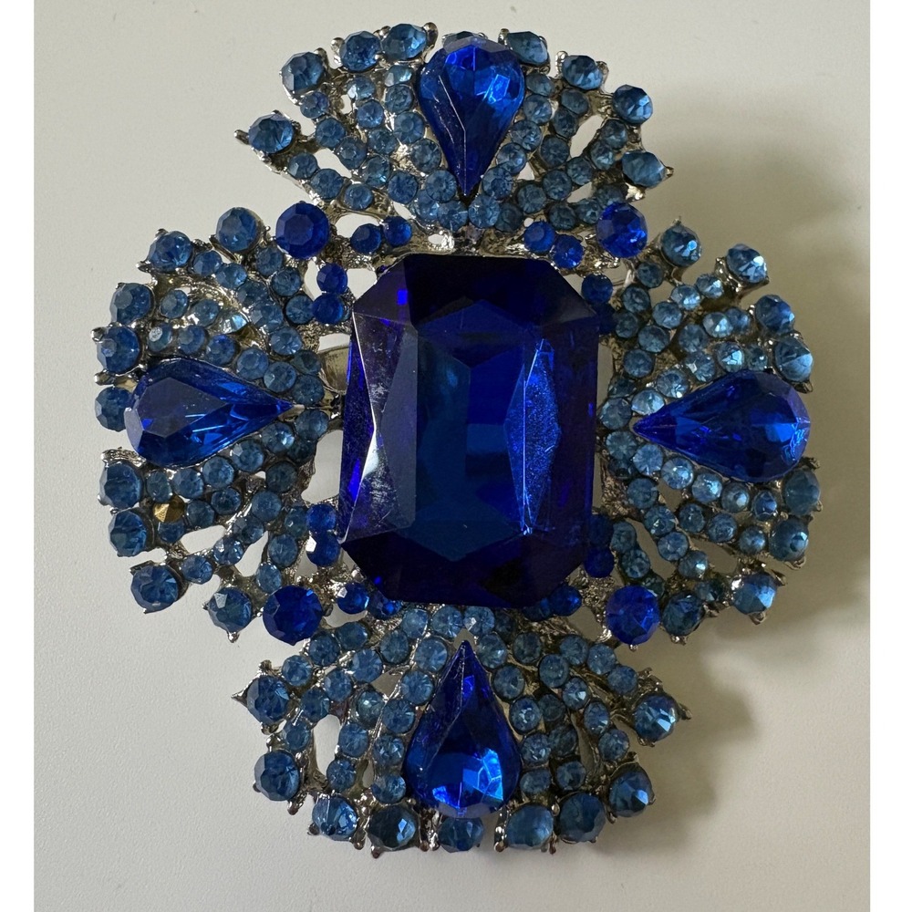 Blue Crystal Rhinestone Maltese Cross Brooch Pin Silver Tone Statement Jewelry